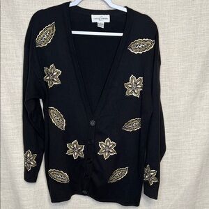 Casual Corner Black Cardigan with Gold & Cream Floral Embroidery